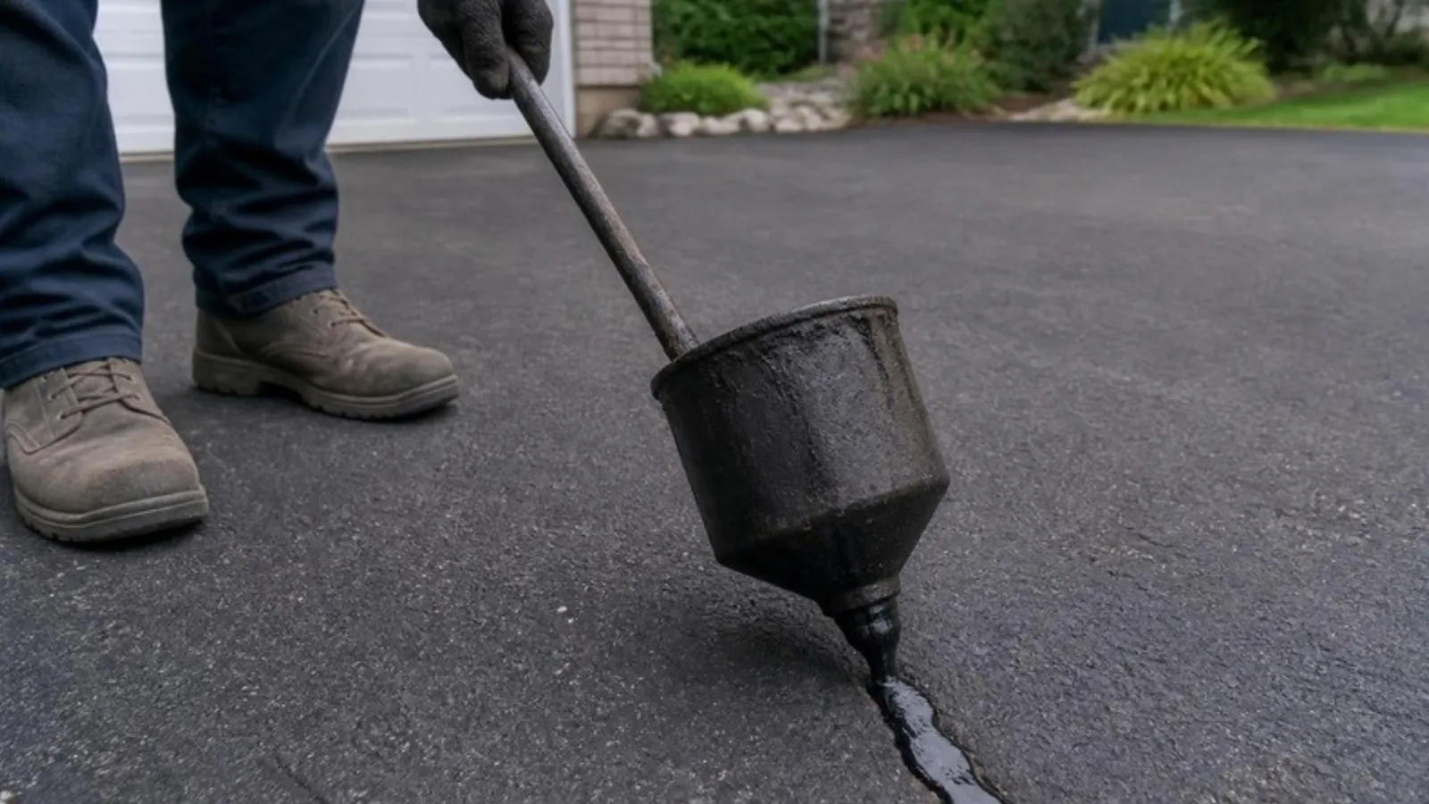 Hot rubberized crack sealant being applied to an asphalt driveway crack