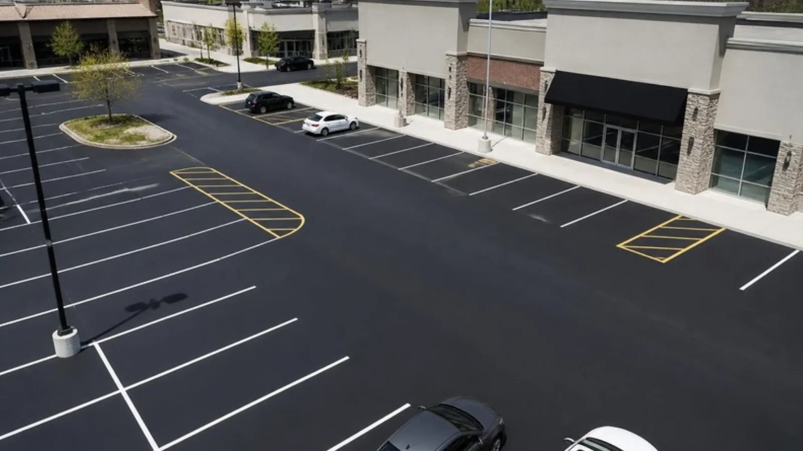 Sealcoated commercial parking lot with fresh line painting