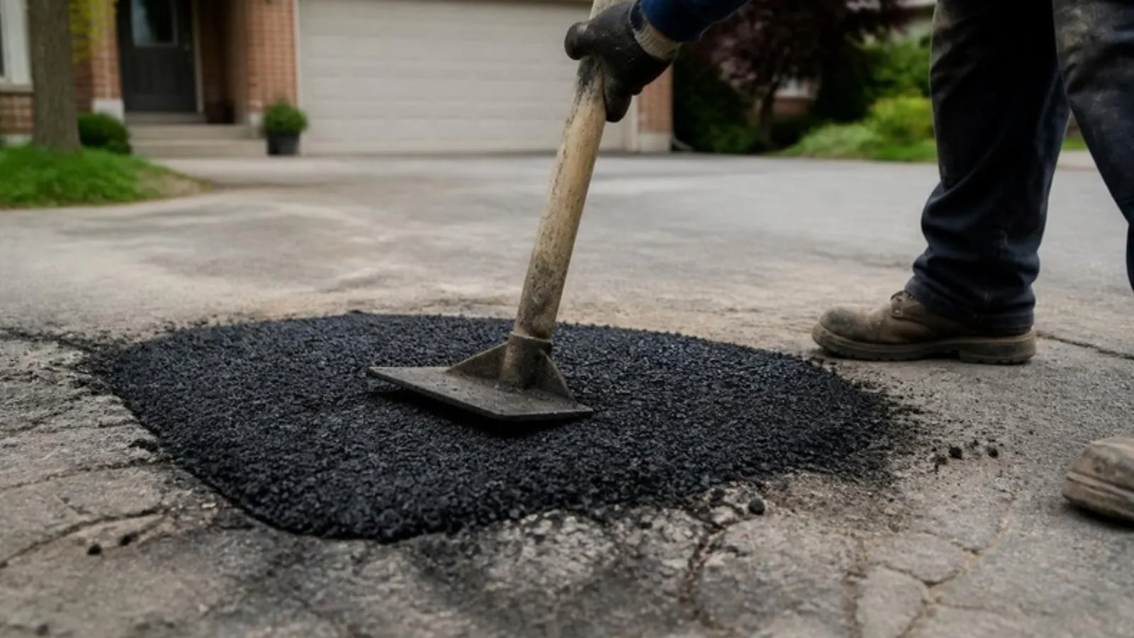 Driveway pothole being patched and compacted with hot asphalt