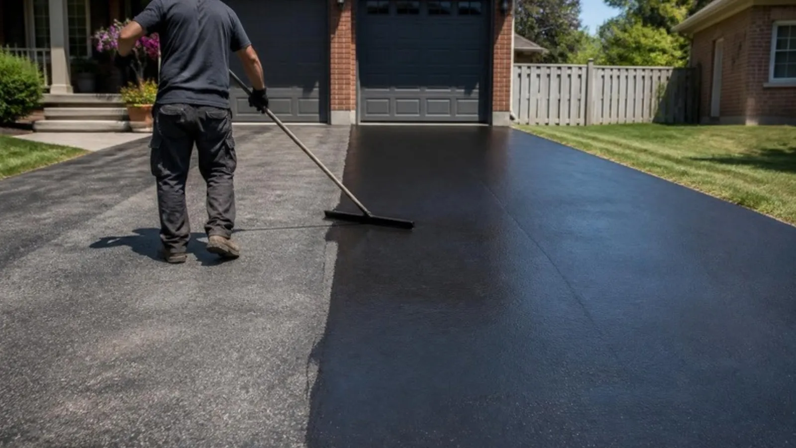Driveway half sealcoated, showing faded vs freshly sealed asphalt