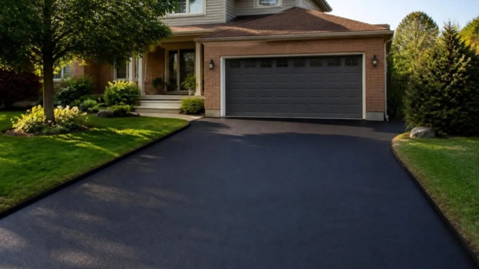 Freshly sealed asphalt driveway in front of a home in Cambridge, ON